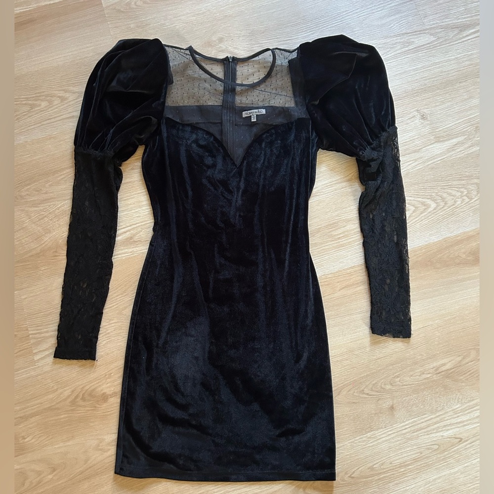 Ronny Kobo Elegant Black Velvet Dress with Sheer Sleeves